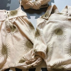 Two Kate Quinn sun rompers with bow. Size 3-6 months. Both new with tags.